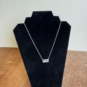 Druzy navy blue iridescent rectangular silver tone rhinestone‎ necklace